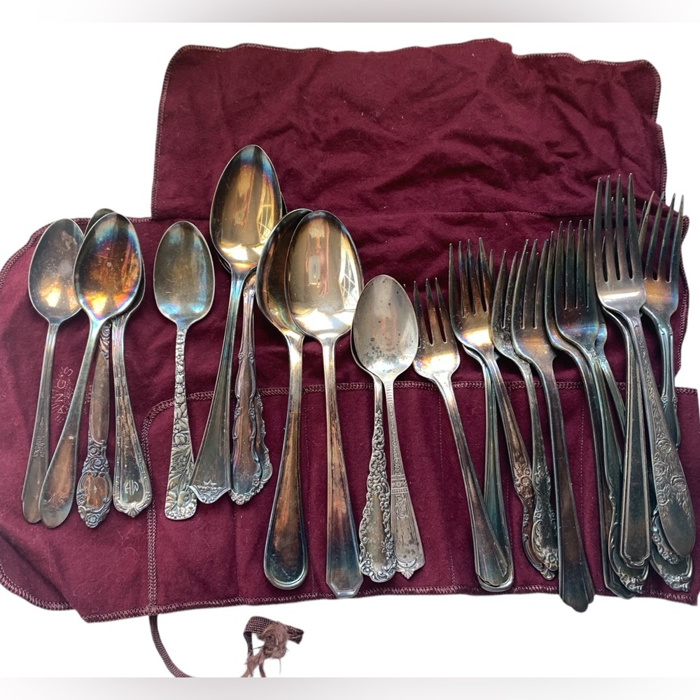 Vintage Elegant Inlayed Silver Flatware Spoons & Forks with the Burgundy Wrap